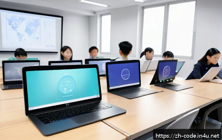 코딩교육지도사와 학습 지원 도구 사례 - A modern classroom scene with diverse Chinese students collaborating in a virtual coding session usi...