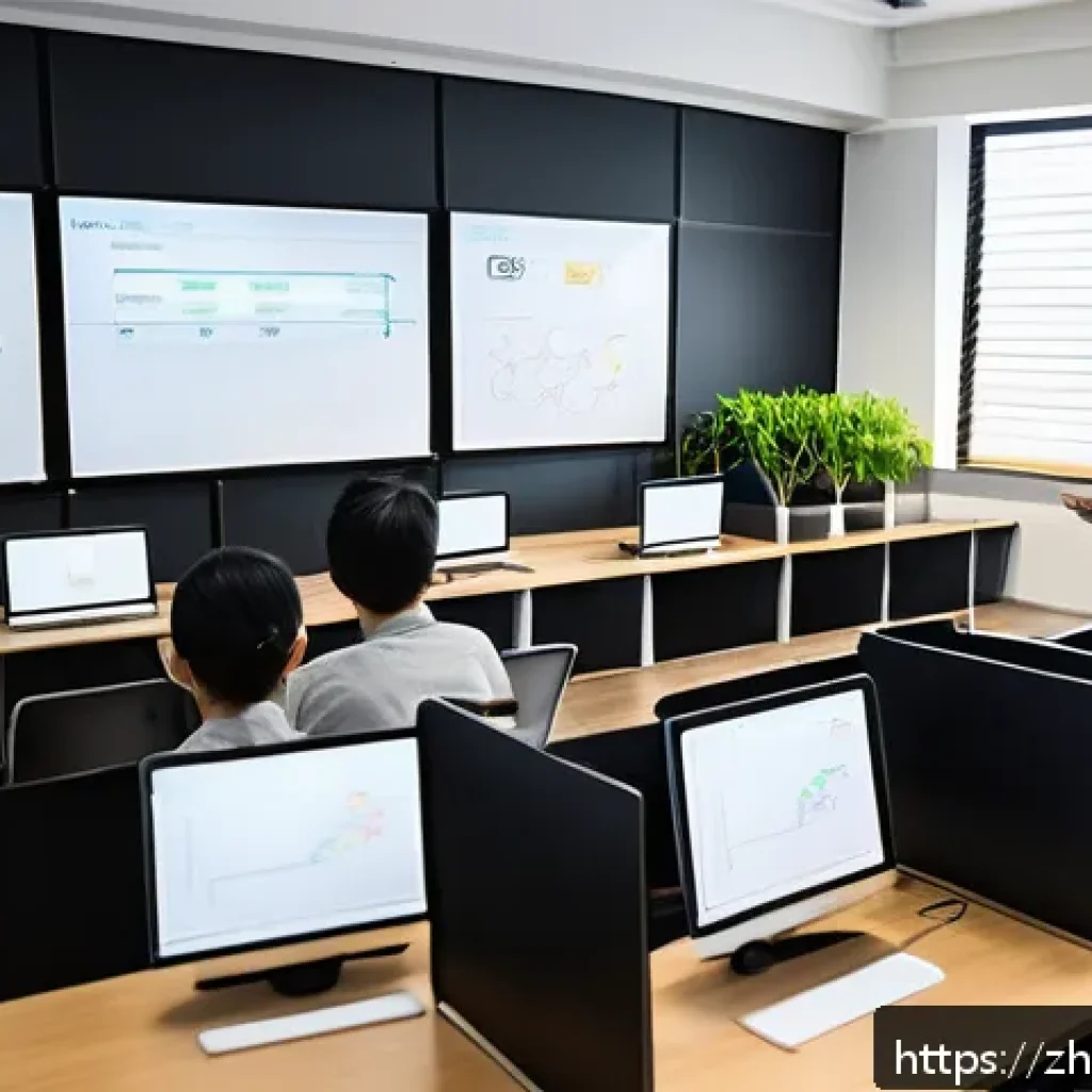 코딩교육지도사와 커리큘럼 평가 사례 - A modern classroom scene featuring a diverse group of adult students attentively learning programmin...