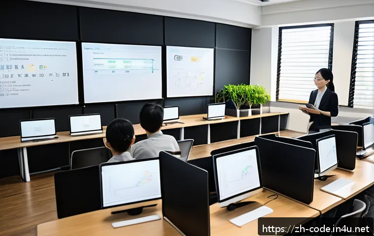코딩교육지도사와 커리큘럼 평가 사례 - A modern classroom scene featuring a diverse group of adult students attentively learning programmin...
