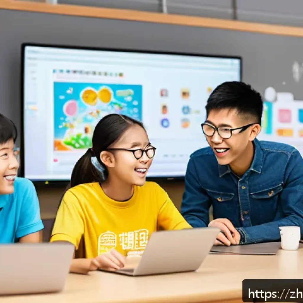 코딩교육지도사와 학습 자료 활용 사례 - A lively classroom scene featuring diverse students aged around 12-15, all wearing casual clothes an...