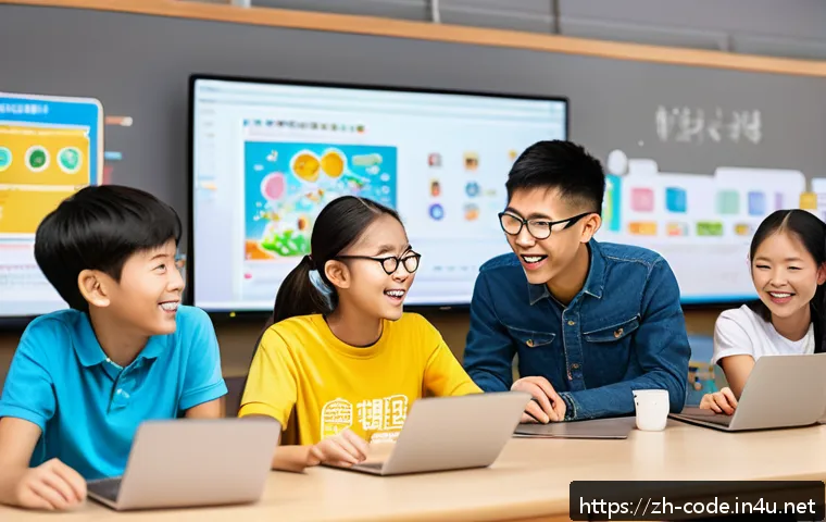 코딩교육지도사와 학습 자료 활용 사례 - A lively classroom scene featuring diverse students aged around 12-15, all wearing casual clothes an...