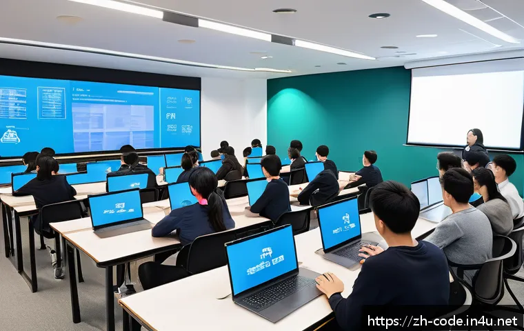 코딩교육지도사로서 대규모 강의 준비 사례 - A modern classroom setting focused on a large programming course framework design, featuring a diver...