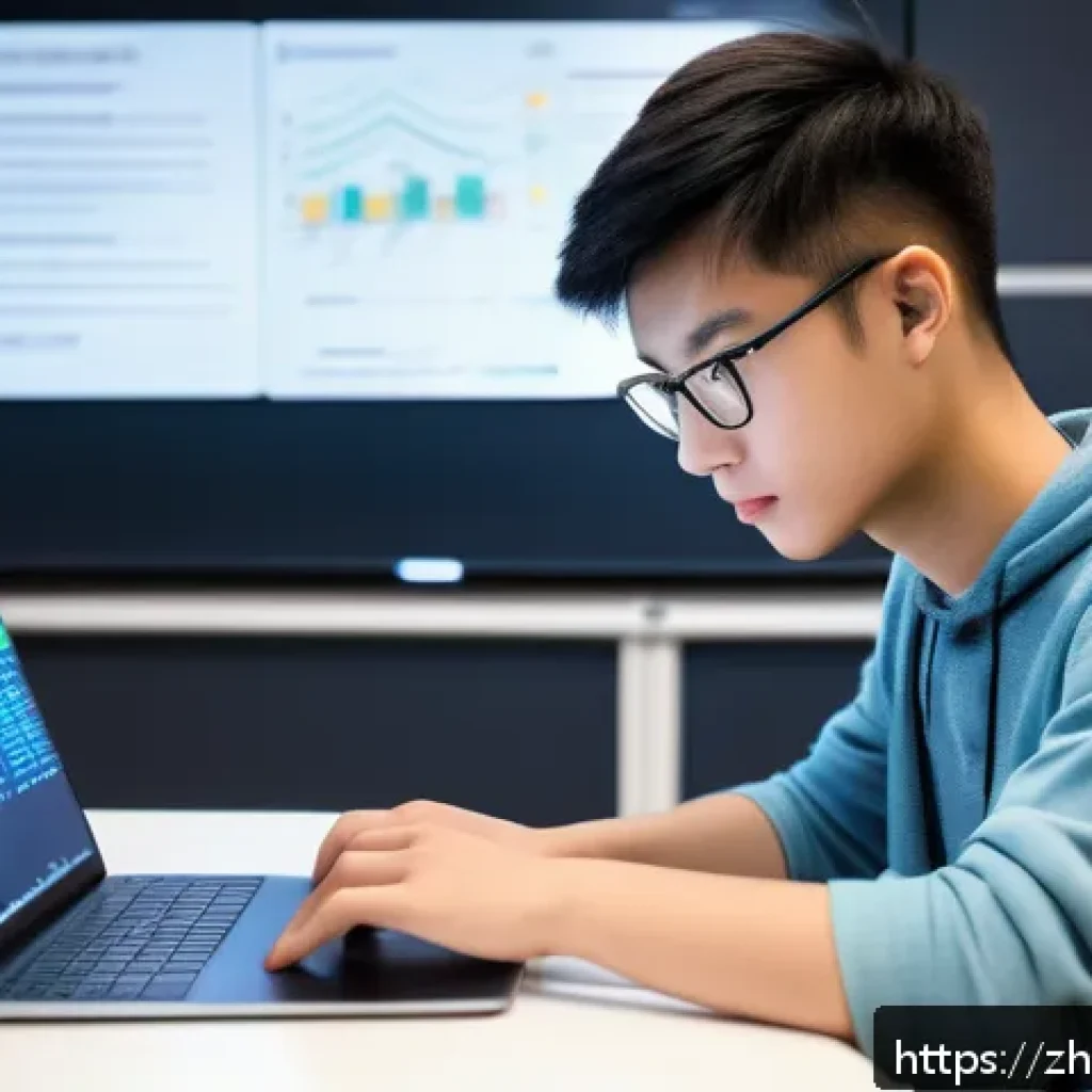 코딩교육지도사와 학습 지원 서비스 - A modern smart programming classroom scene showing a young adult student using a laptop with an AI-d...