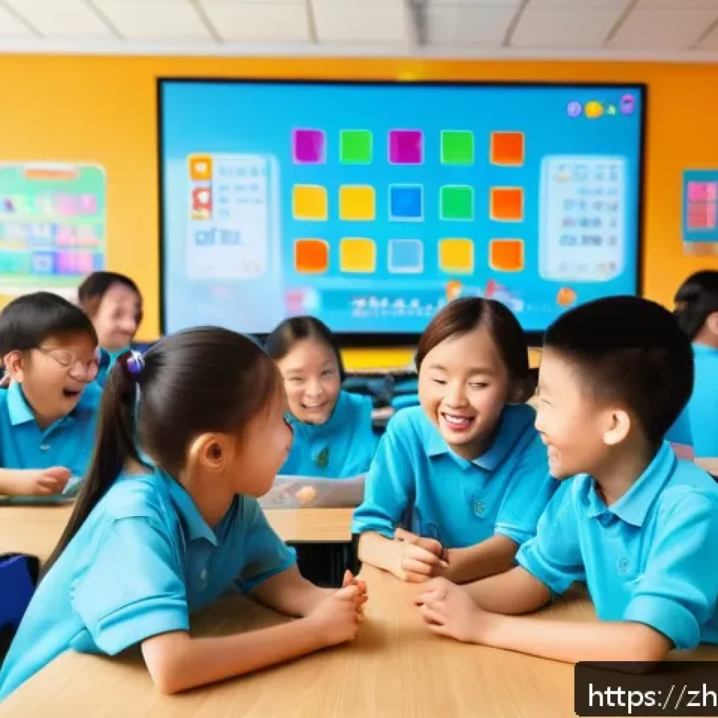 코딩교육지도사와 창의적인 코딩 과제 - A vibrant classroom scene featuring young students aged 7-9 engaged in interactive graphical program...