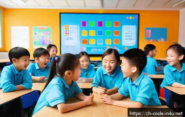 코딩교육지도사와 창의적인 코딩 과제 - A vibrant classroom scene featuring young students aged 7-9 engaged in interactive graphical program...