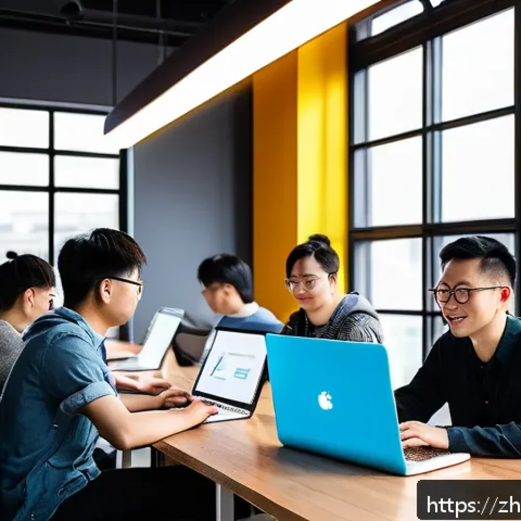 코딩교육지도사와 취업용 스킬 셋 추천 - A modern, bright coworking space with young Chinese developers collaborating on laptops, screens dis...