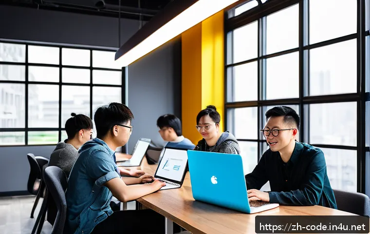 코딩교육지도사와 취업용 스킬 셋 추천 - A modern, bright coworking space with young Chinese developers collaborating on laptops, screens dis...