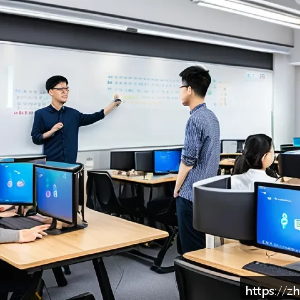 코딩교육지도사 취업률 높은 학원 추천 - A modern, bright classroom setting in a top-tier Chinese coding training institute, featuring a dive...