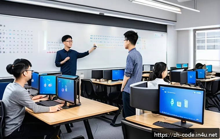 코딩교육지도사 취업률 높은 학원 추천 - A modern, bright classroom setting in a top-tier Chinese coding training institute, featuring a dive...