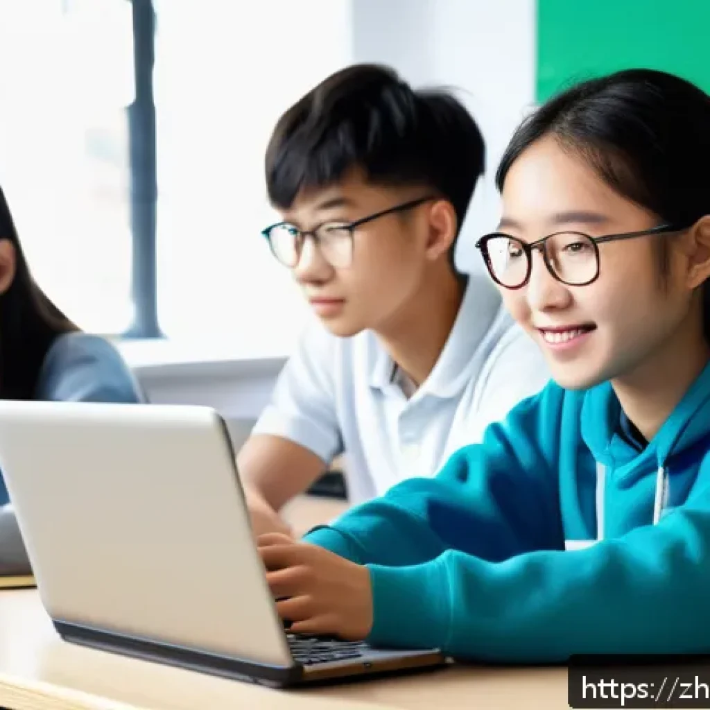 코딩교육지도사와 교육 효과 분석 사례 - A modern classroom scene showing a diverse group of Chinese high school students collaborating enthu...