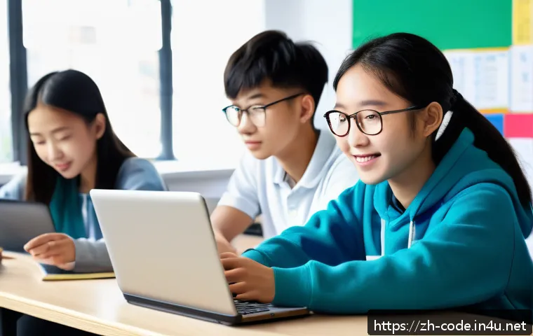 코딩교육지도사와 교육 효과 분석 사례 - A modern classroom scene showing a diverse group of Chinese high school students collaborating enthu...