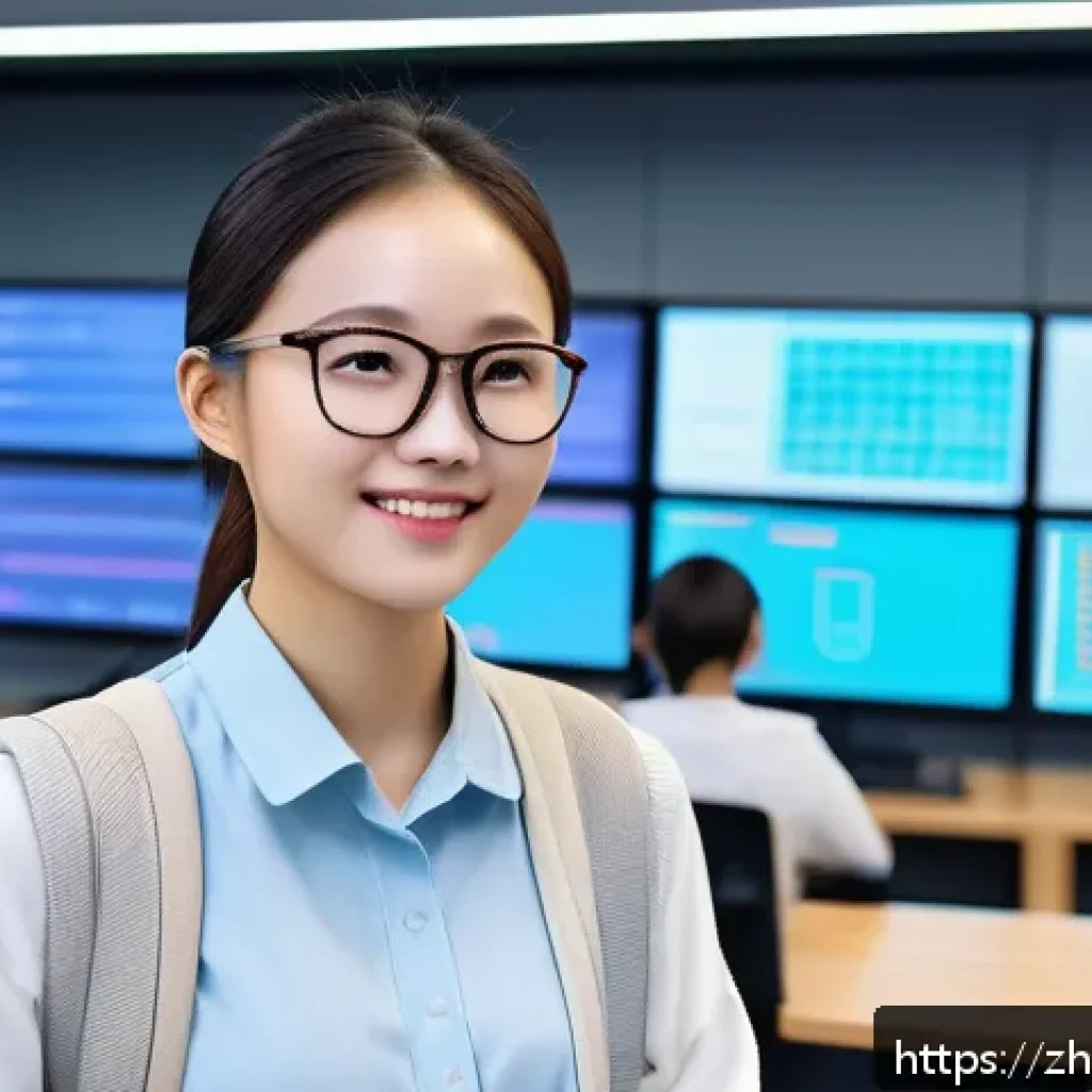 코딩교육지도사로서 업무 만족도 조사 - A modern coding education classroom scene in China, featuring a young female coding instructor weari...