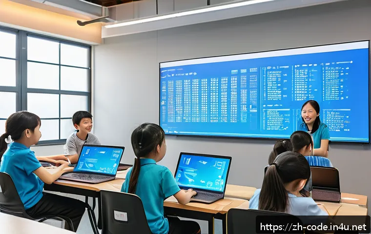코딩교육지도사로서 사례 기반 강의 준비법 - A bright and modern classroom scene featuring a diverse group of Chinese students aged 10-16 activel...