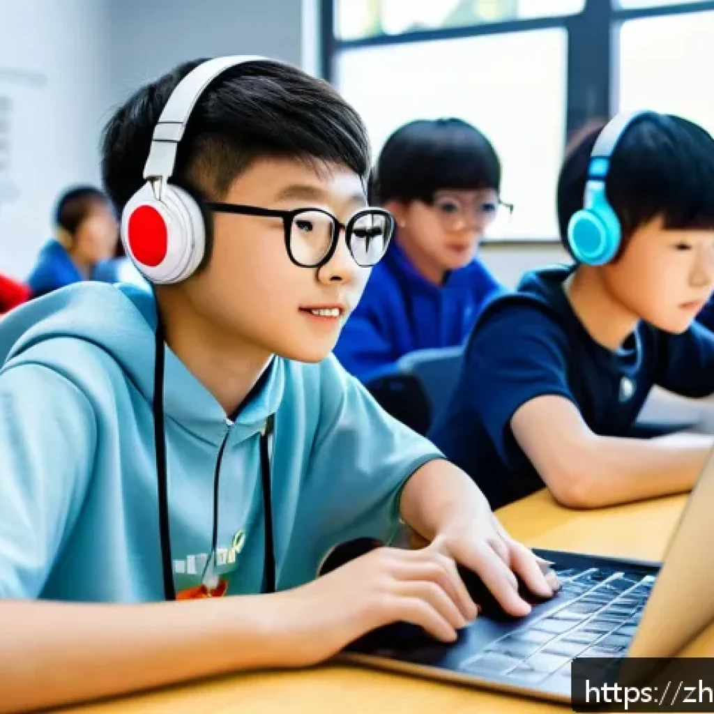 코딩교육지도사와 AI 기술 교육 연계 - A modern classroom scene showcasing a diverse group of young students attentively using AI-powered p...