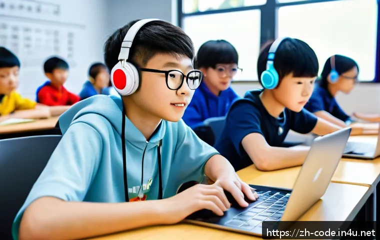 코딩교육지도사와 AI 기술 교육 연계 - A modern classroom scene showcasing a diverse group of young students attentively using AI-powered p...