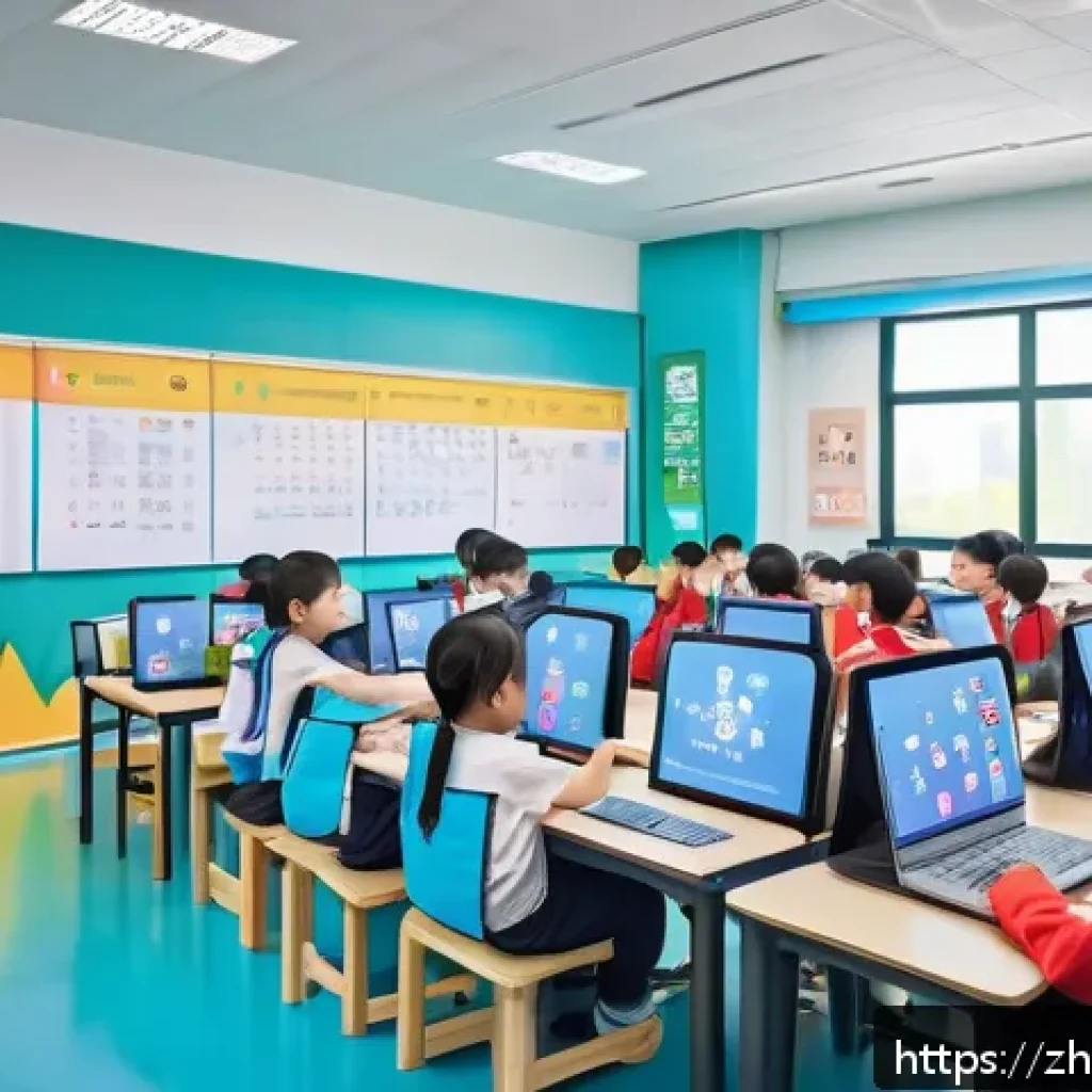 코딩교육지도사와 효과적인 수업 운영 - A lively classroom scene featuring young students engaged in gamified programming lessons, with colo...