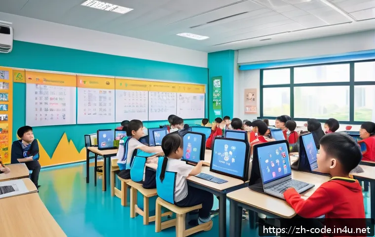 코딩교육지도사와 효과적인 수업 운영 - A lively classroom scene featuring young students engaged in gamified programming lessons, with colo...