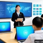 코딩교육지도사 자격증과 수업 커리큘럼 사례 - A modern classroom scene in a Chinese school focused on digital education, featuring a diverse group...