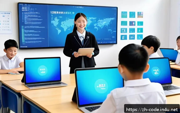 코딩교육지도사 자격증과 수업 커리큘럼 사례 - A modern classroom scene in a Chinese school focused on digital education, featuring a diverse group...