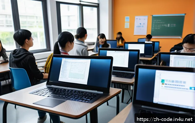 코딩교육지도사 교육과정 분석 - A modern classroom scene showing a diverse group of adult students attentively learning programming ...