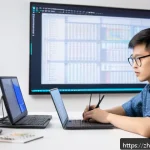 코딩교육지도사 교육 영상 제작 노하우 - A modern, clean study room with a large desktop computer displaying a Python programming IDE (Visual...