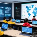 코딩교육지도사로서 데이터 기반 교육 사례 - A modern classroom scene showing a diverse group of Chinese students using interactive coding platfo...