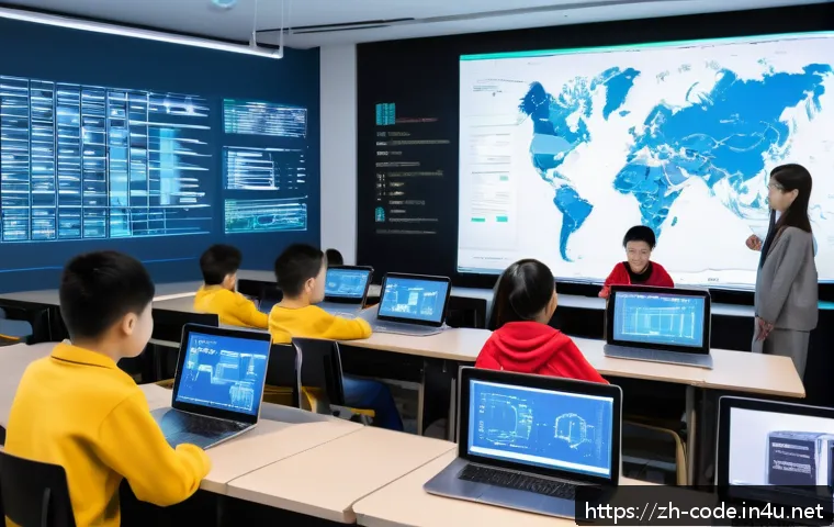 코딩교육지도사로서 데이터 기반 교육 사례 - A modern classroom scene showing a diverse group of Chinese students using interactive coding platfo...