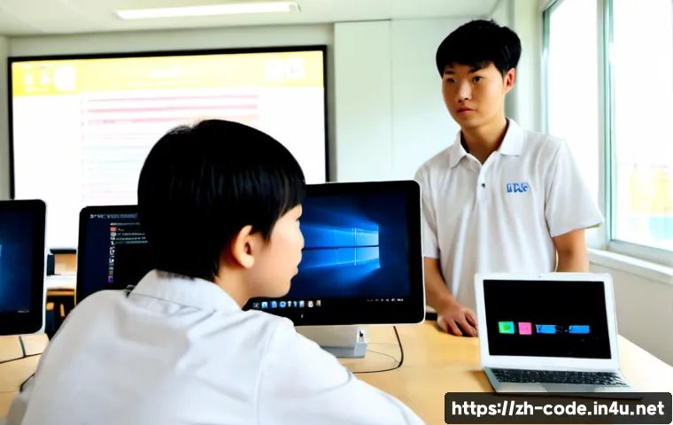 코딩교육지도사와 직업 개발 계획 - Photorealistic modern coding education instructor guiding a small group of teenage students in a bri...