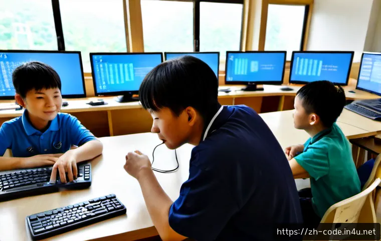 코딩교육지도사와 코딩 교육의 사회적 역할 - Photorealistic modern coding education classroom in China, a friendly middle-aged instructor guiding...