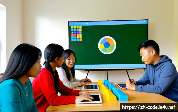 코딩교육지도사와 학습자 참여 전략 - Photorealistic coding education instructor facilitating an engaging small-group workshop with divers...
