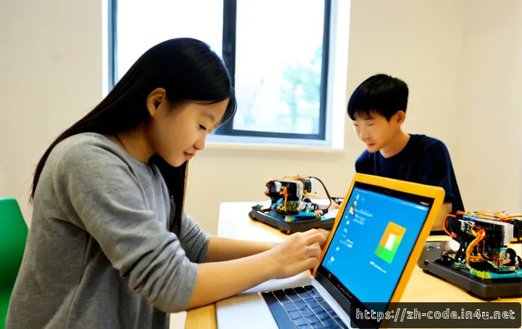 코딩교육지도사와 엔지니어링 교육의 연계 - Photorealistic modern engineering classroom, a coding education instructor guiding a diverse group o...