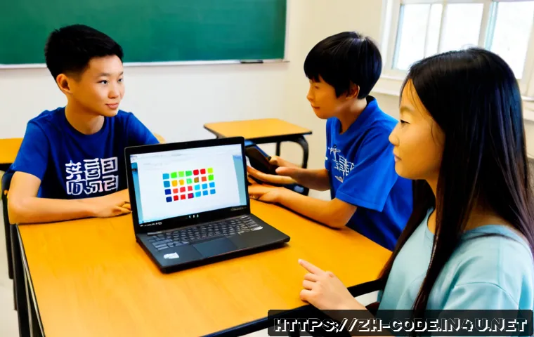 코딩교육지도사와 학생들의 코딩 프로젝트 - Photorealistic coding education instructor guiding a diverse group of middle school students through...